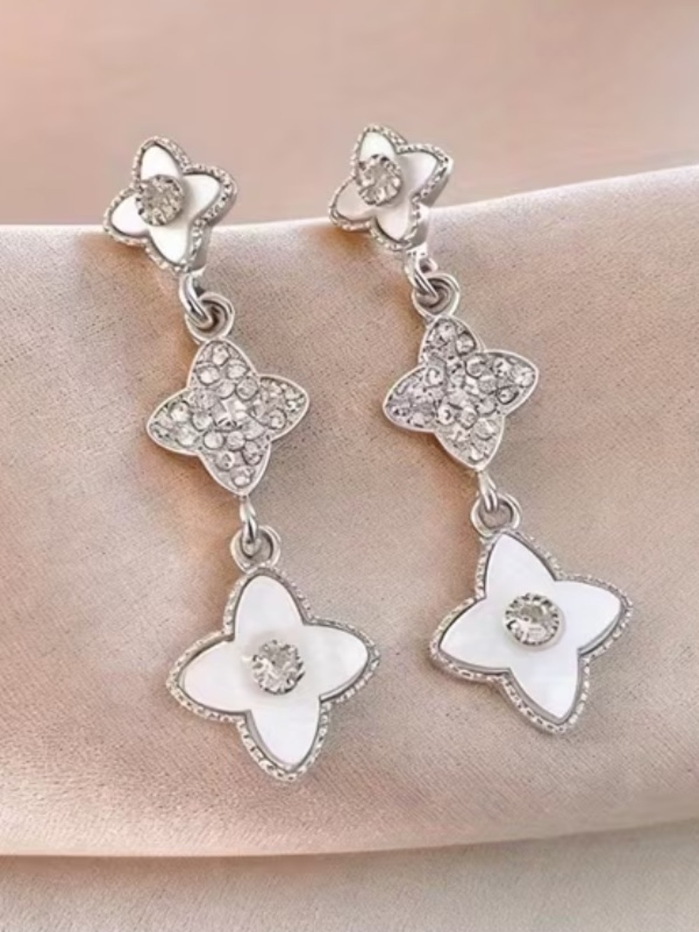 White and Silver Clover Drop Earrings - Elegant Women's Dangle Jewelry